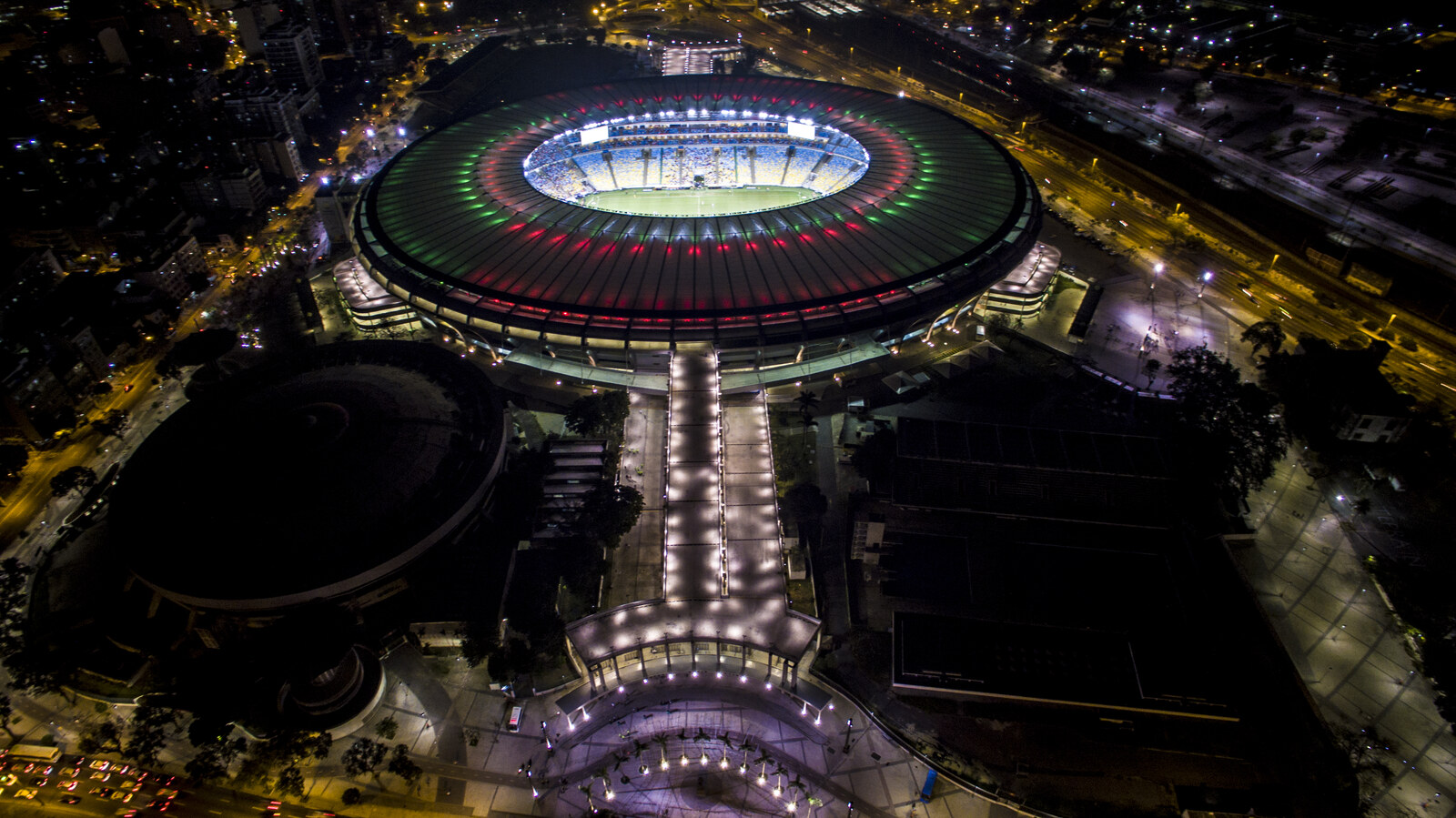 Maracanã stadium illuminated against the Rio night sky